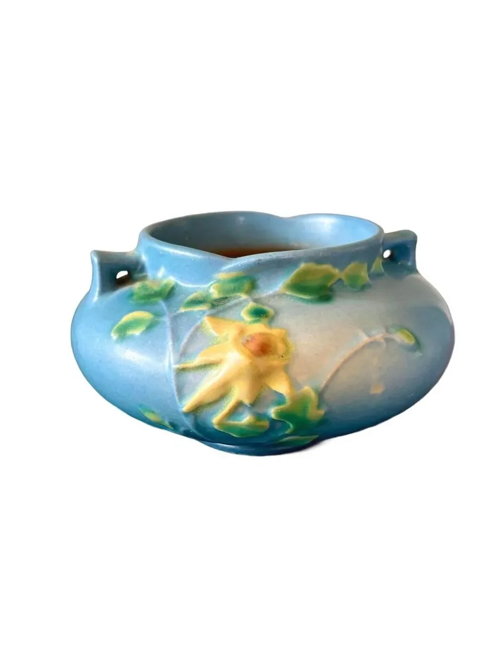 Vintage Roseville White Rose 653-3 Blue Art Pottery Planter Jardiniere 1940